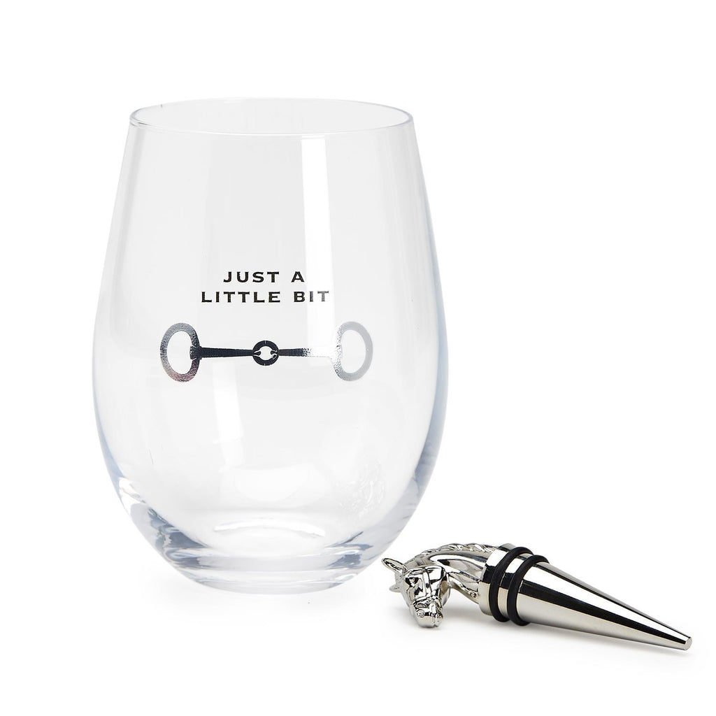 Just a Bit Stemless Wine Glass with Horse Head Bottle Stopper-Two's Company-The Bugs Ear