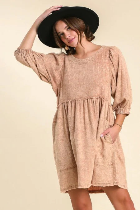 Nikki Linen Mineral Wash Round Neck BabyDoll Dress in Cappuccino-Umgee-The Bugs Ear