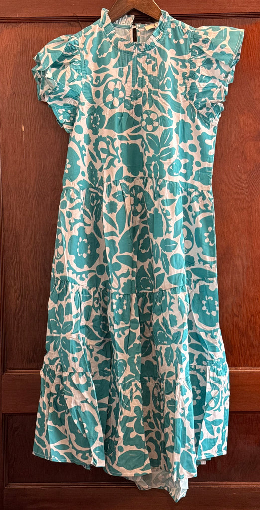 Brooke Print Tiered Knee Length Dress in Teal-PINCH-The Bugs Ear