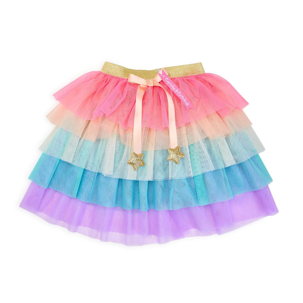 Rainbow Ruffles Tulle Dress Up Tutu with Gold Stars Ribbon-Two's Company-The Bugs Ear