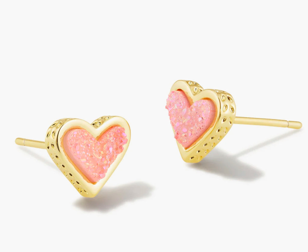 Kendra Scott Framed Ari Heart Gold Stud Earrings in Light Pink Drusy-Kendra Scott-The Bugs Ear