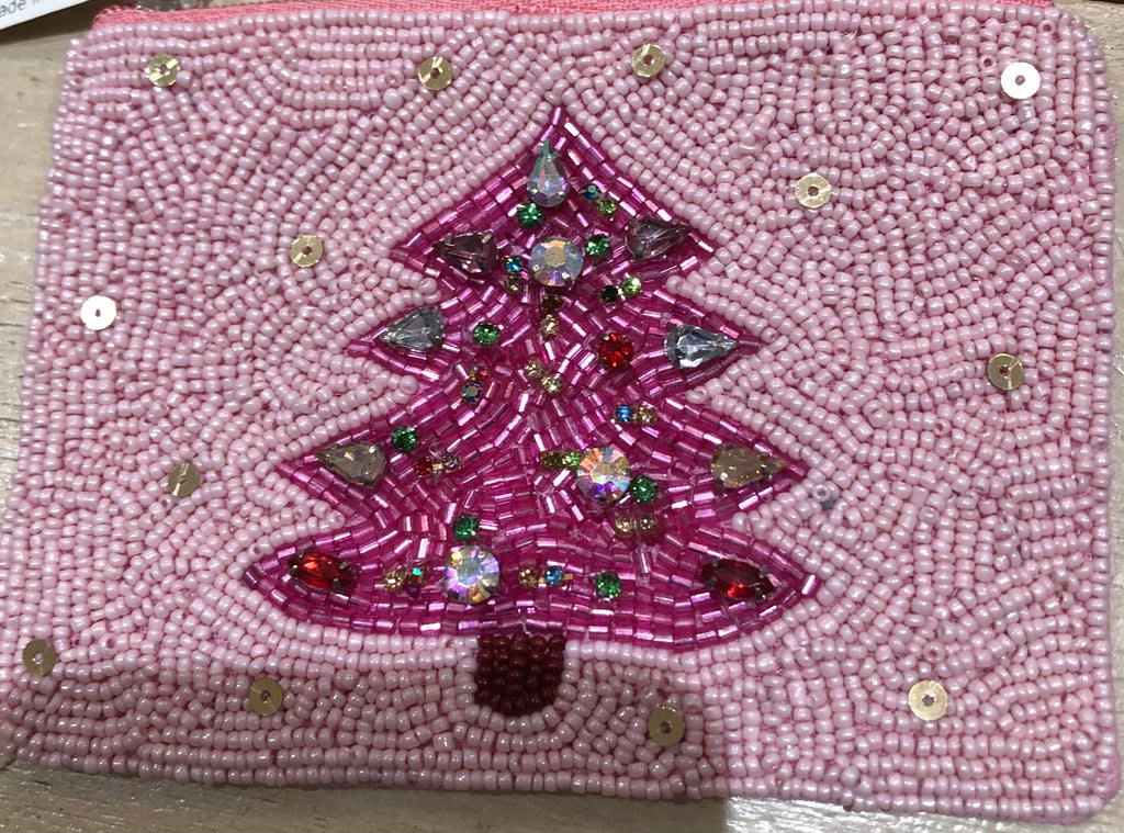 Christmas Tree Beaded Coin Purse in Pink-Golden Stella-The Bugs Ear
