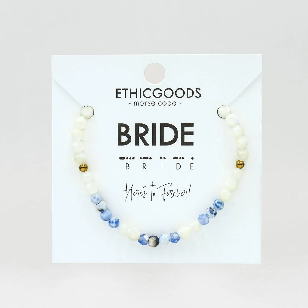 Morse Code Bracelet for BRIDE in Mother of Pearl & Blue Lace Agate-Ethicgoods-The Bugs Ear