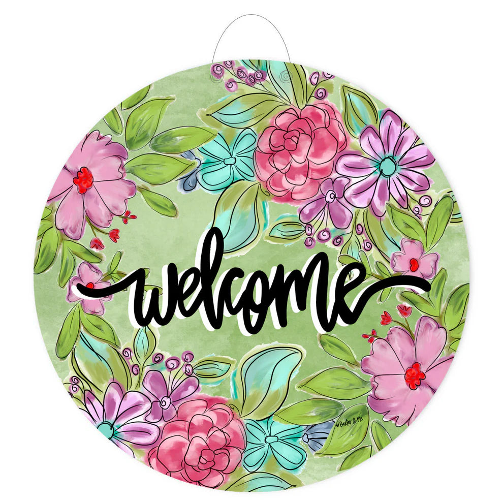 Welcome Pretty Pink & Purple Floral Door Hanger-Baxter and Me-The Bugs Ear
