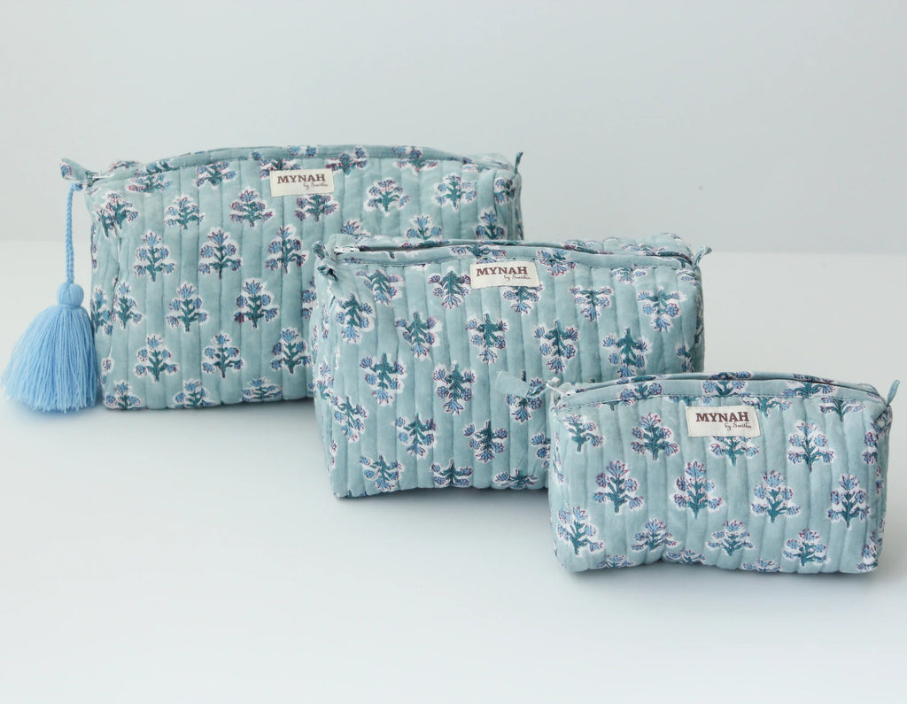 Dusty Blue Motifs Travel Makeup Zipper Pouch Set of 3-MYNAHbySmitha-The Bugs Ear