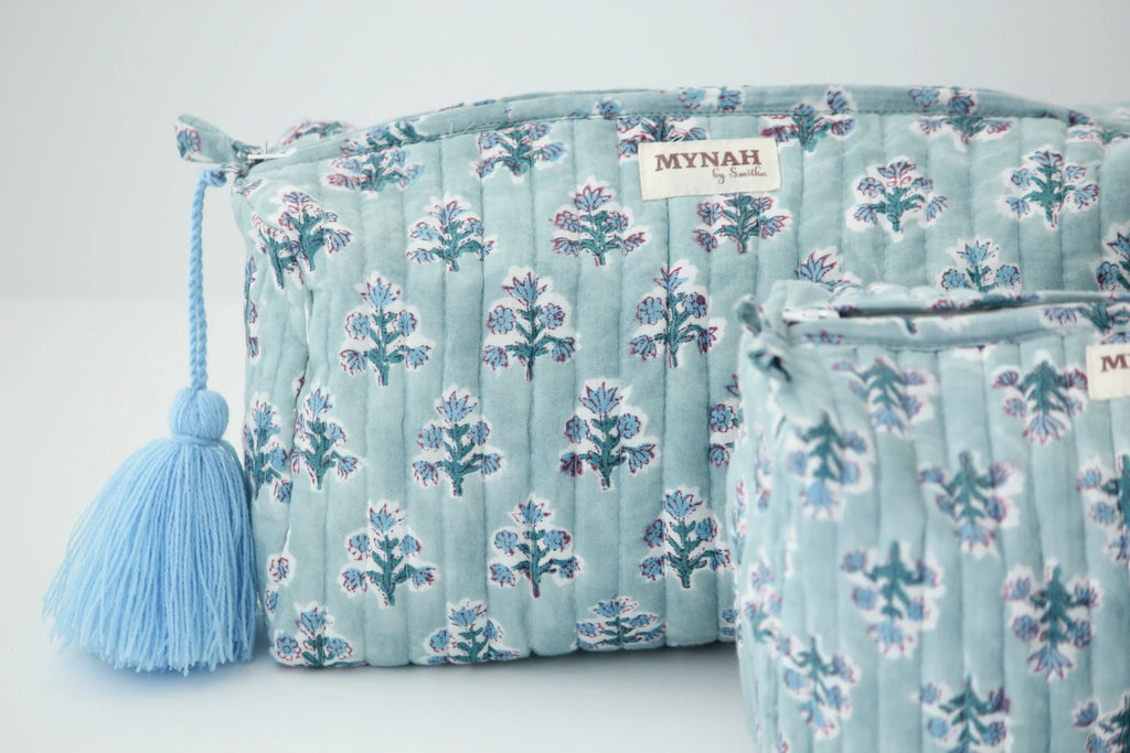 Dusty Blue Motifs Travel Makeup Zipper Pouch Set of 3-MYNAHbySmitha-The Bugs Ear