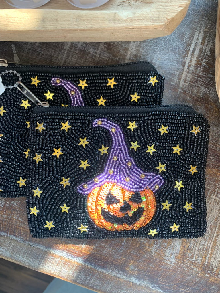 Jack O and Witch Hat Beaded Coin Purse in Black-Golden Stella-The Bugs Ear