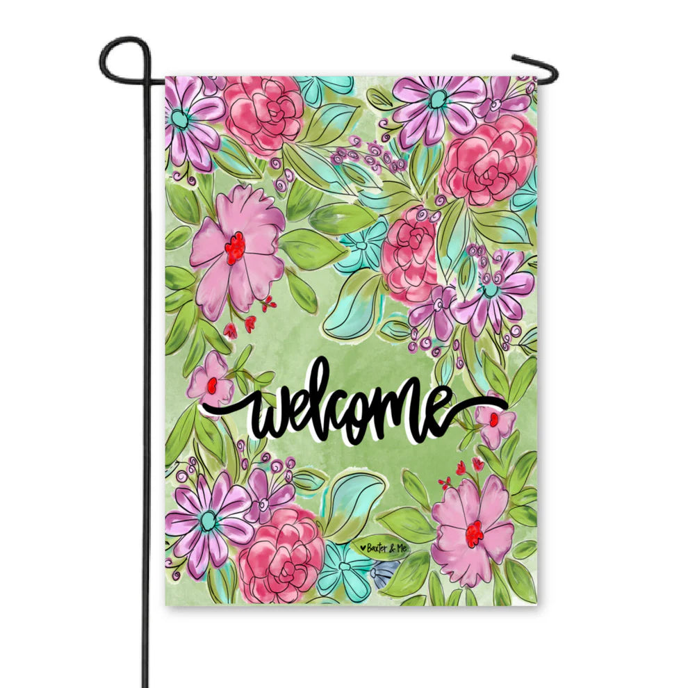 Welcome Pretty Pink and Purple Floral Garden Flag-Baxter and Me-The Bugs Ear
