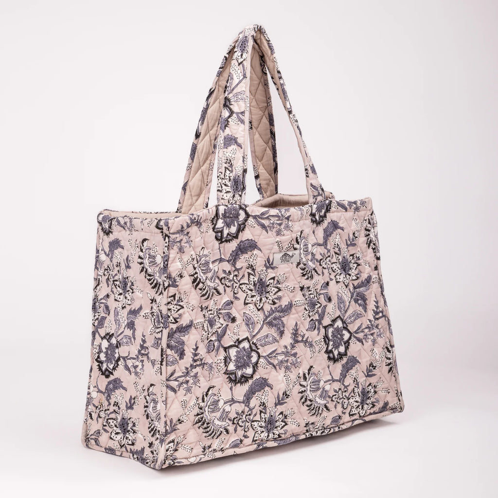 Floral Quilted Tote Bag in Beige Everyday Carryall Origin Pink-Origin Pink-The Bugs Ear