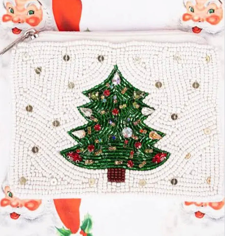 Christmas Tree Beaded Coin Purse in White-Golden Stella-The Bugs Ear