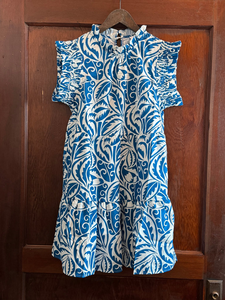 Grace Smocked Sleeve Blue Print Dress-THML-The Bugs Ear