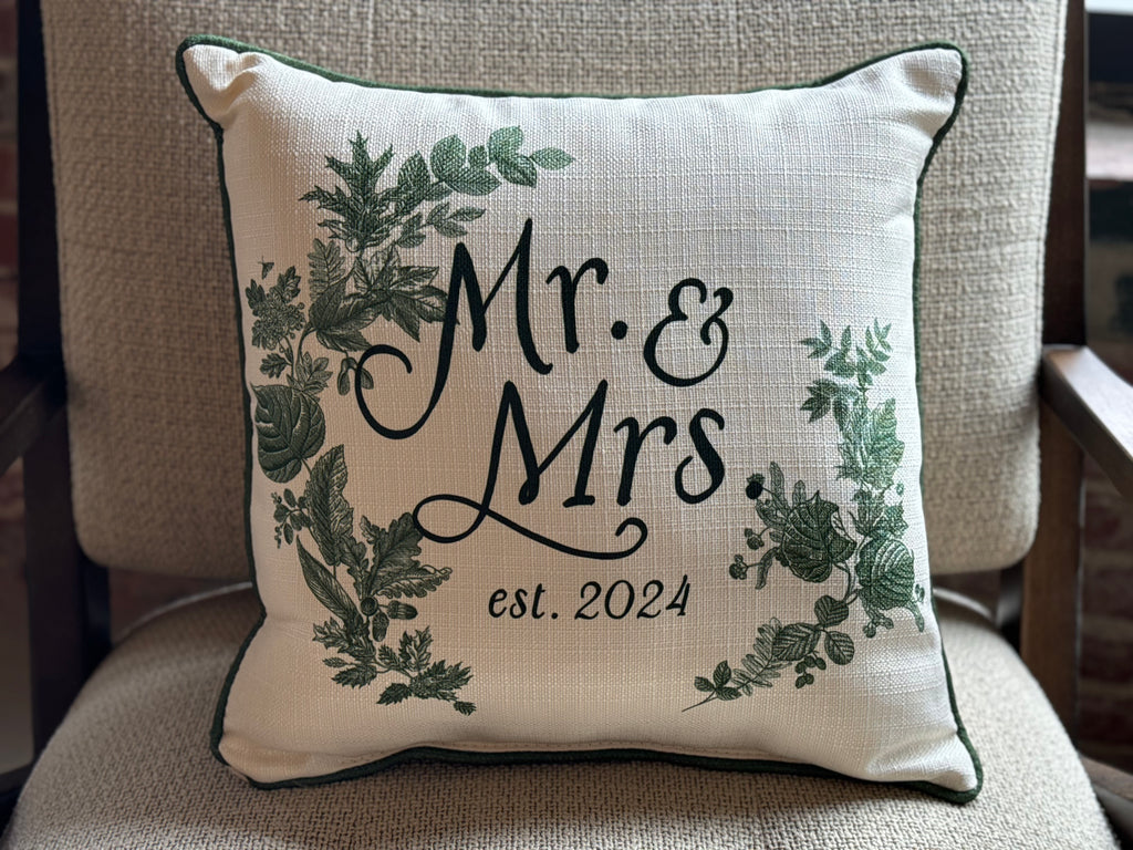 Leafy Mr. and Mrs. Est 2024 Pillow-Little Birdie-The Bugs Ear