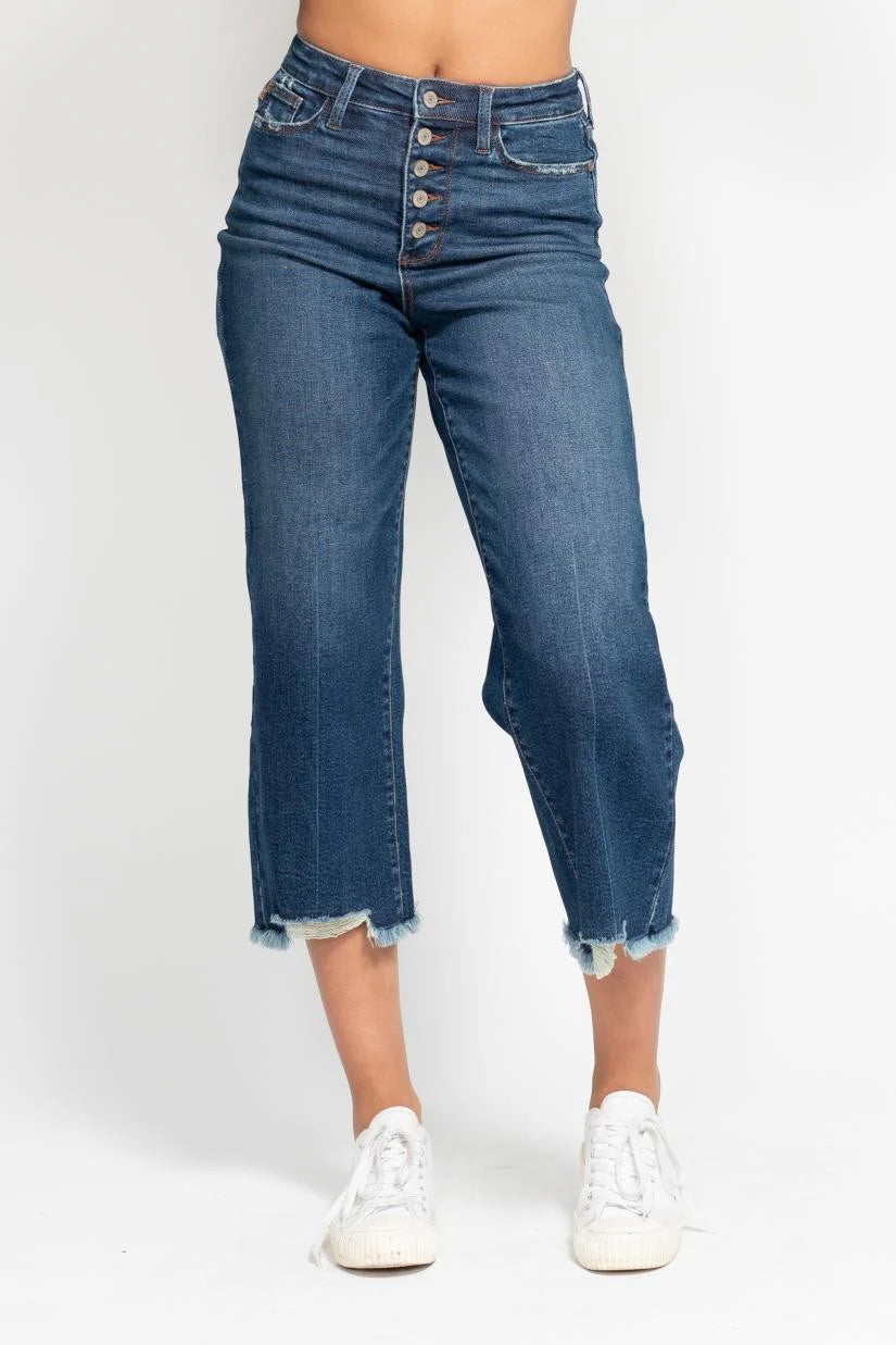 Judy Blue High Waist Button Fly Distressed Hem Crop Wide Jeans