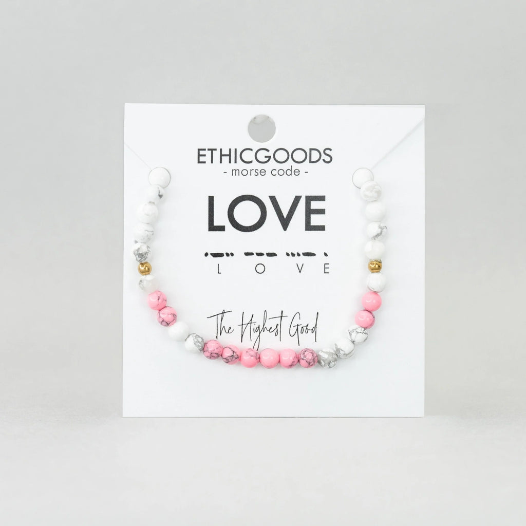 Morse Code Bracelet for LOVE in Pink Howlite & Howlite-Ethicgoods-The Bugs Ear