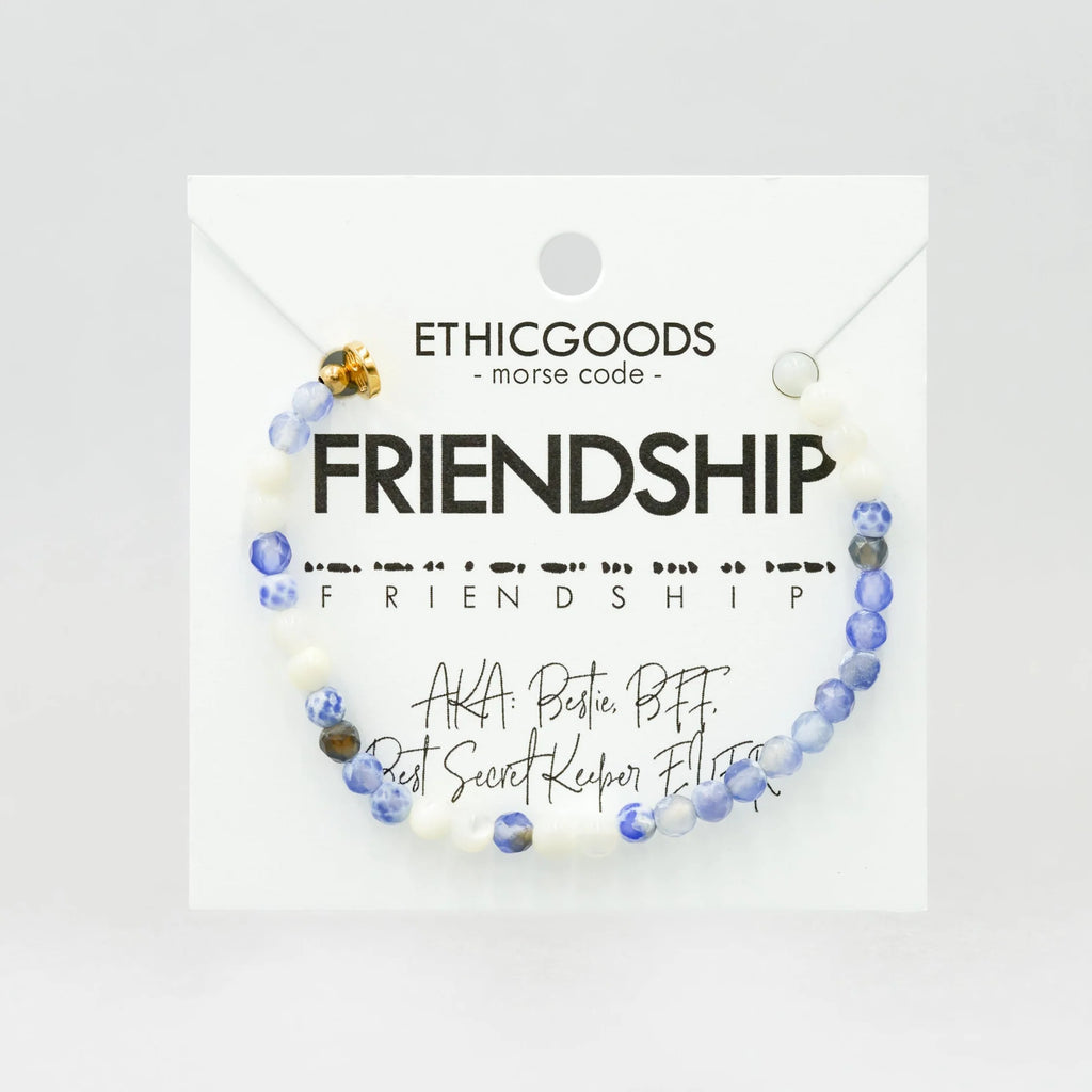 Morse Code Bracelet in FRIENDSHIP in Mother of Pearl & Blue Lace Agate-Ethicgoods-The Bugs Ear