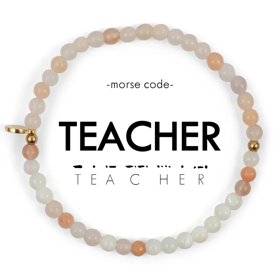 Morse Code Bracelet in TEACHER in Pink Aventurine & Mother of Pearl-Ethicgoods-The Bugs Ear