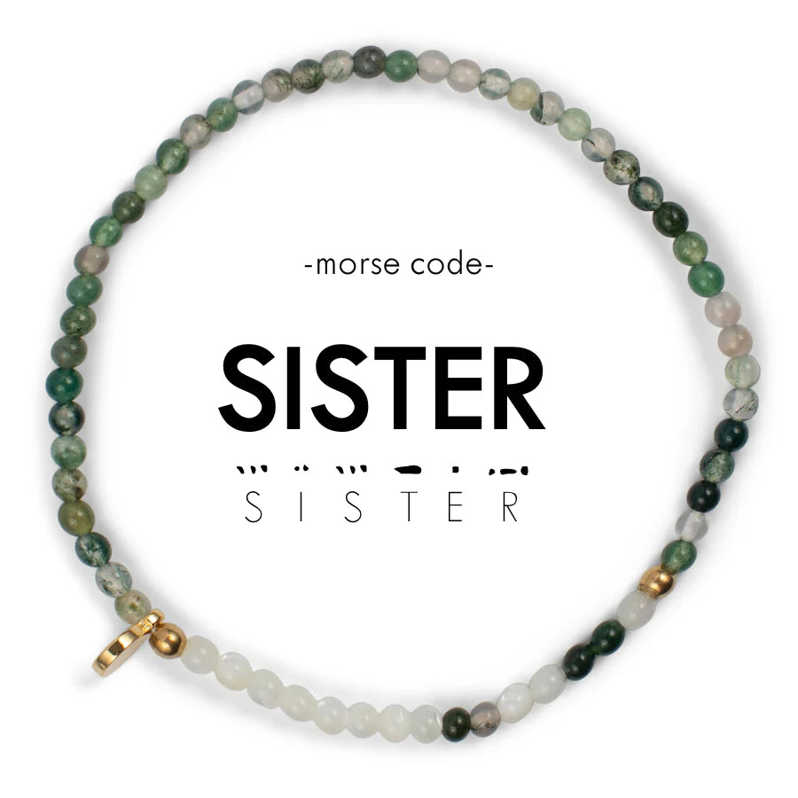 Gold Morse Code Bracelet for SISTER in Moss Agate & Mother of Pearl-Ethicgoods-The Bugs Ear