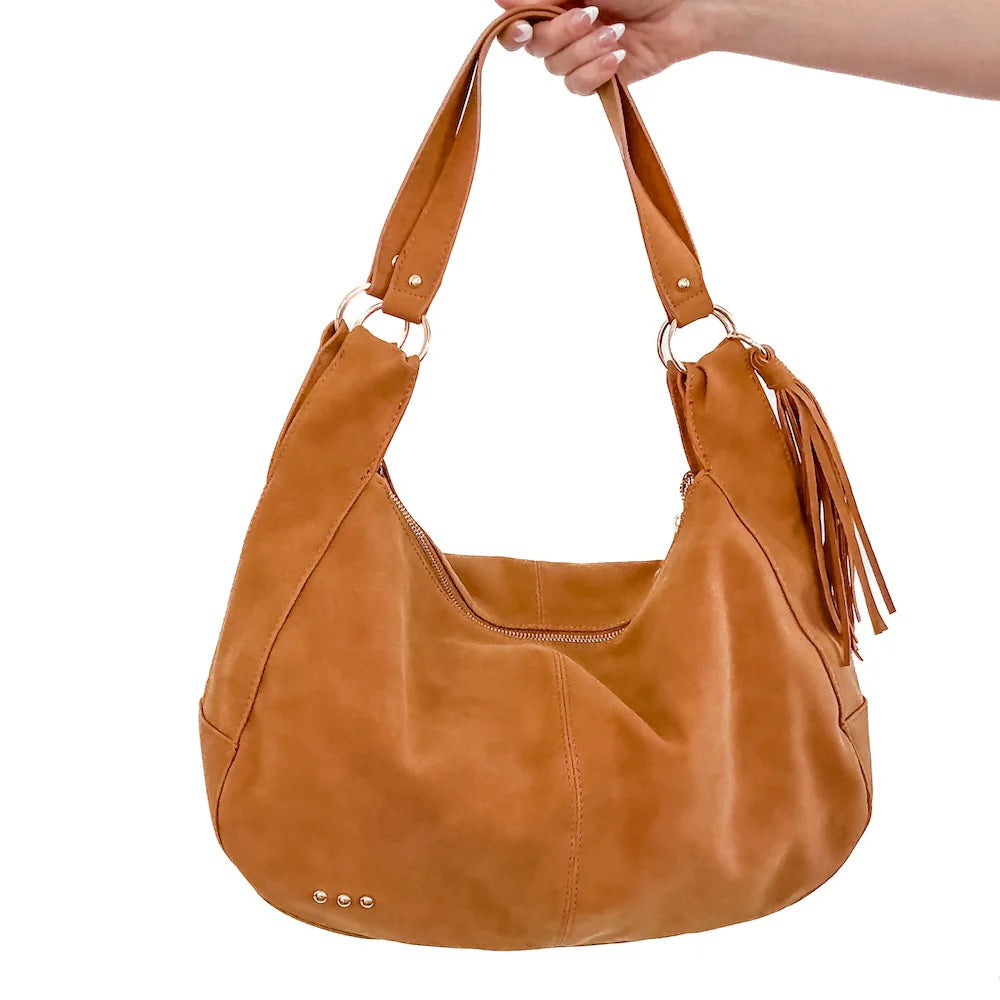 Pretty Simple Hazel Hobo Shoulder Bag with Tassel in Tan Suede-Pretty Simple-The Bugs Ear