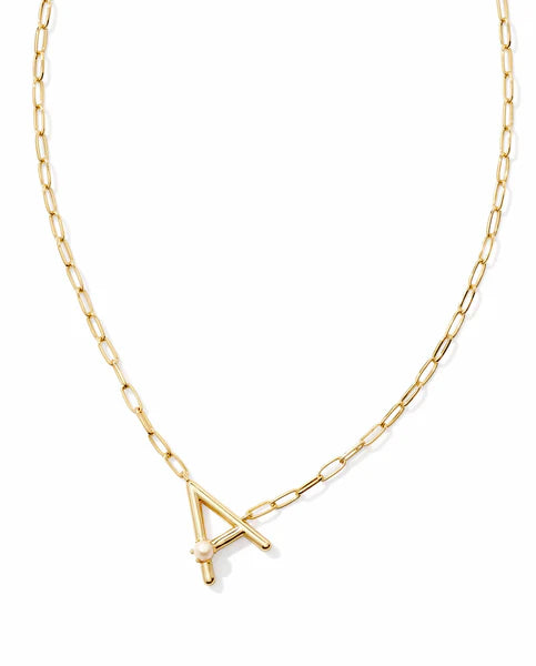 Kendra Scott Pearl Gold Letter Short Pendant Necklace in White Pearl-Kendra Scott-The Bugs Ear