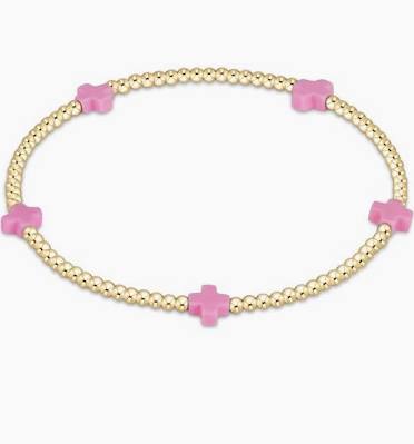 Signature Cross Small Gold Pattern 2mm Bead Bracelet in Bright Pink-Enewton-The Bugs Ear