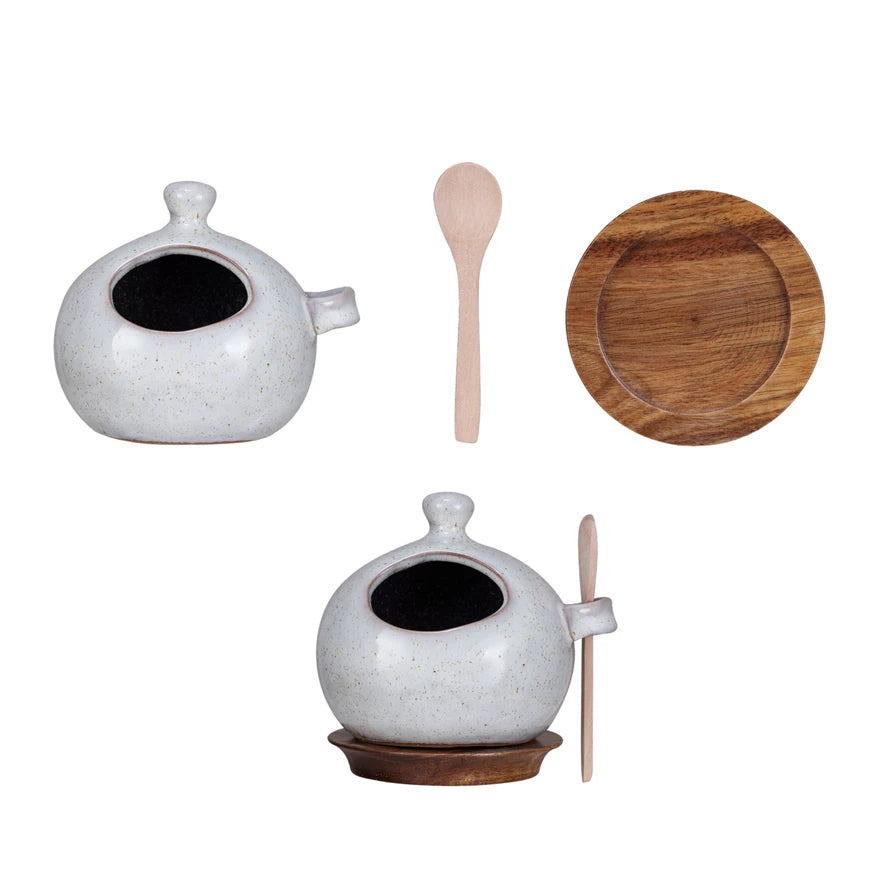 Stoneware Salt Jar w/ Wood Spoon & Base, Set of 3-Creative Co-op-The Bugs Ear