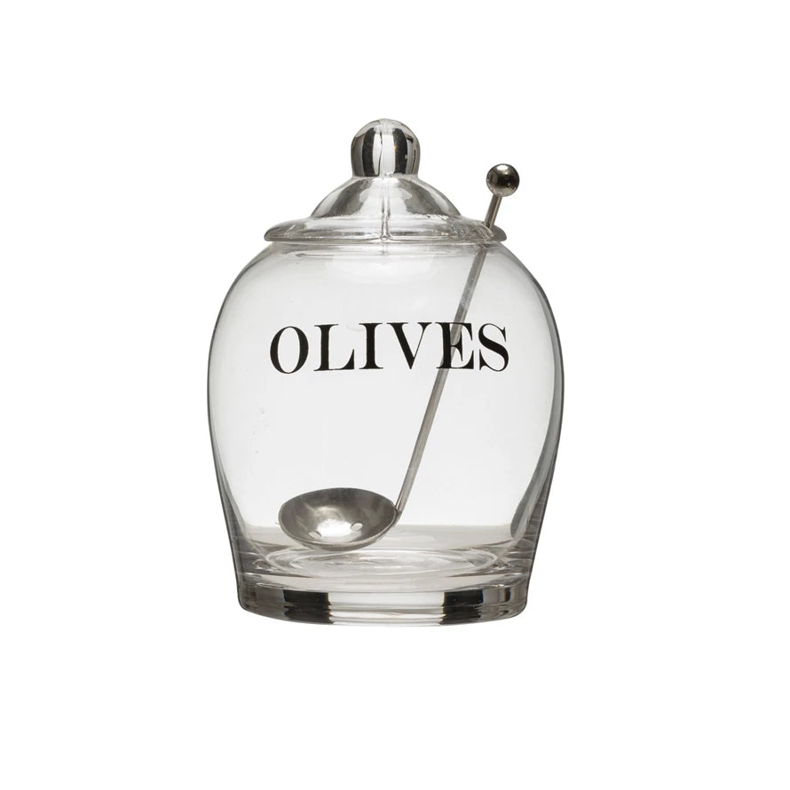 Olives Glass Jar with Slotted Spoon-Creative Co-op-The Bugs Ear