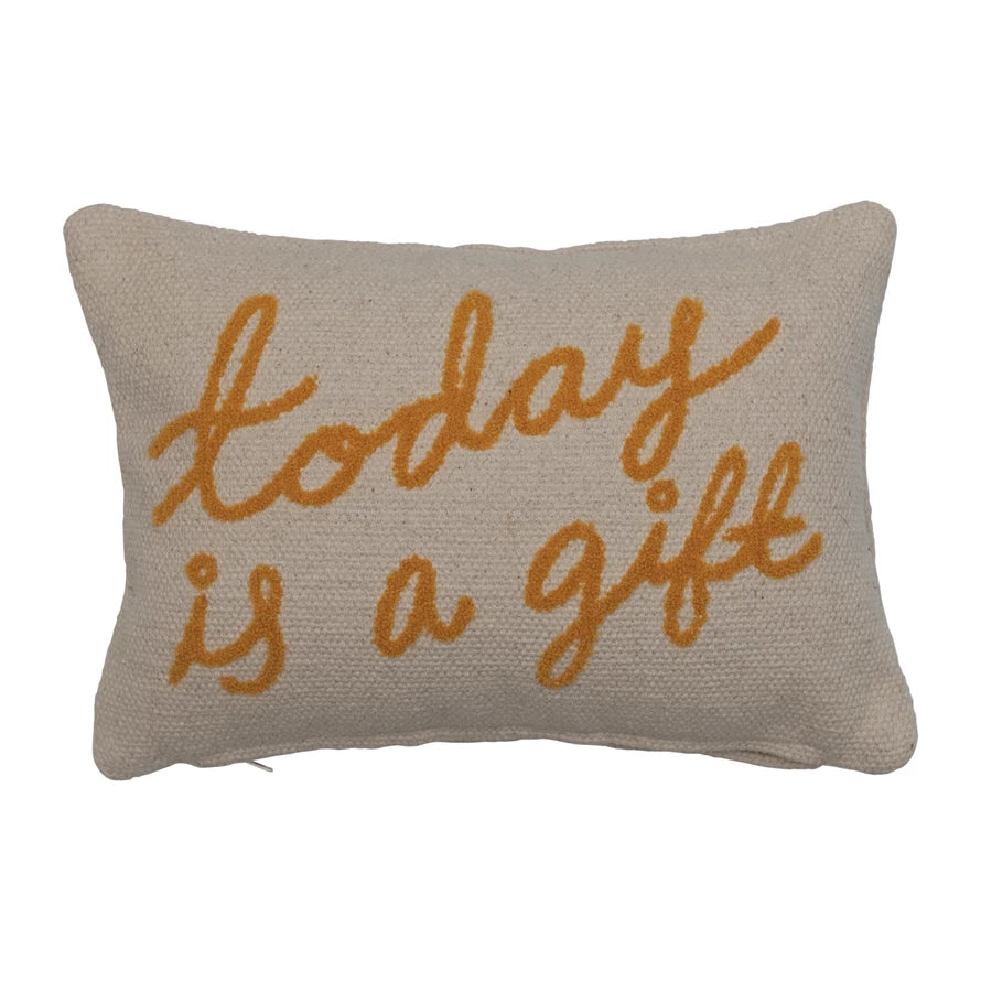 Embroidered Cotton Lumbar Pillow "Today is a Gift"-Creative Co-op-The Bugs Ear