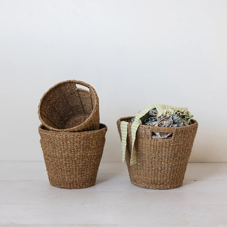 Hand-Woven Seagrass Baskets w/ Handles, Natural, Set of 3-Creative Co-op-The Bugs Ear