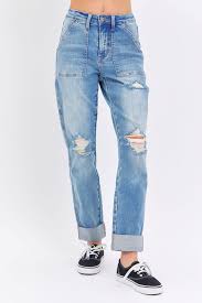 Judy Blue High Waist Patch Pocket Destroyed Boyfriend Jeans-Judy Blue-The Bugs Ear