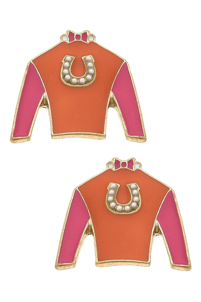 Riva Ridge Jockey Silk Enamel Stud Earrings in Pink and Orange-Canvas Jewelry-The Bugs Ear