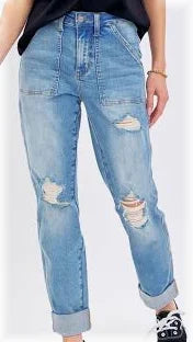 Judy Blue High Waist Patch Pocket Destroyed Boyfriend Jeans-Judy Blue-The Bugs Ear