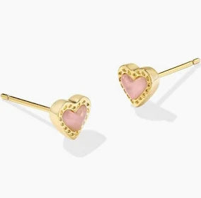 Kendra Scott Mini Ari Heart Gold Stud Earrings in Rose Quartz-Kendra Scott-The Bugs Ear