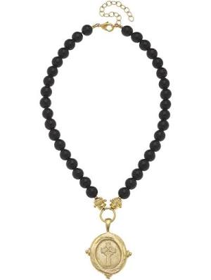 Susan Shaw Cross Intaglio Stone Necklace in Black Onyx-Susan Shaw-The Bugs Ear