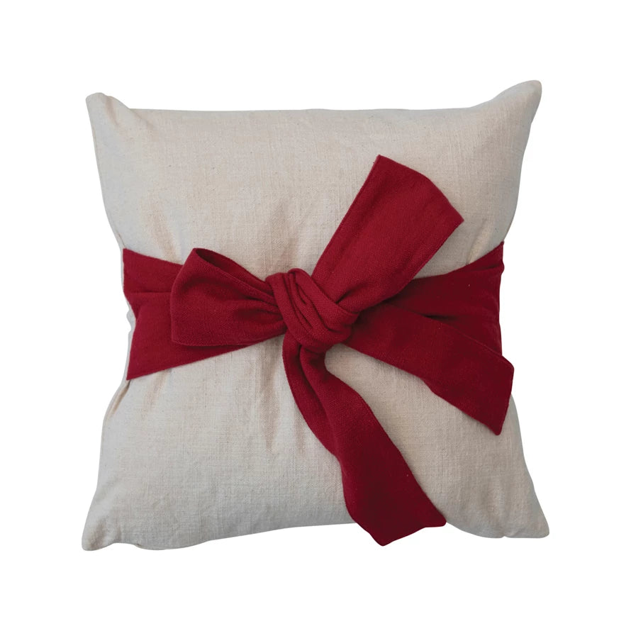 Square Hand-Woven Cotton Slub Pillow with Bow-Creative Co-op-The Bugs Ear