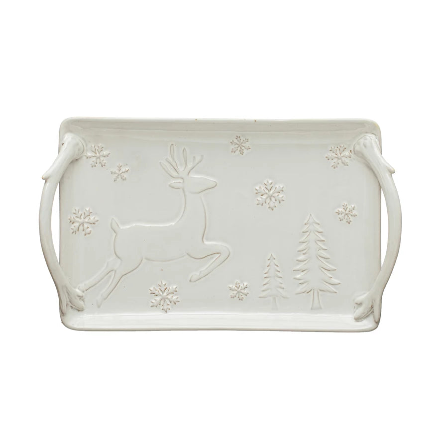 Debossed Stoneware Tray w/ Deer, Snowflakes & Trees, Reactive Glaze-Creative Co-op-The Bugs Ear