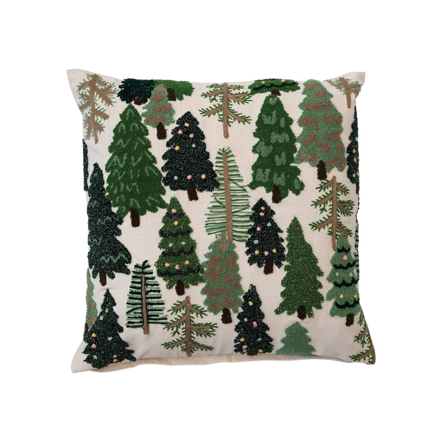 Square Cotton Slub Embroidered Pillow with Trees-Creative Co-op-The Bugs Ear