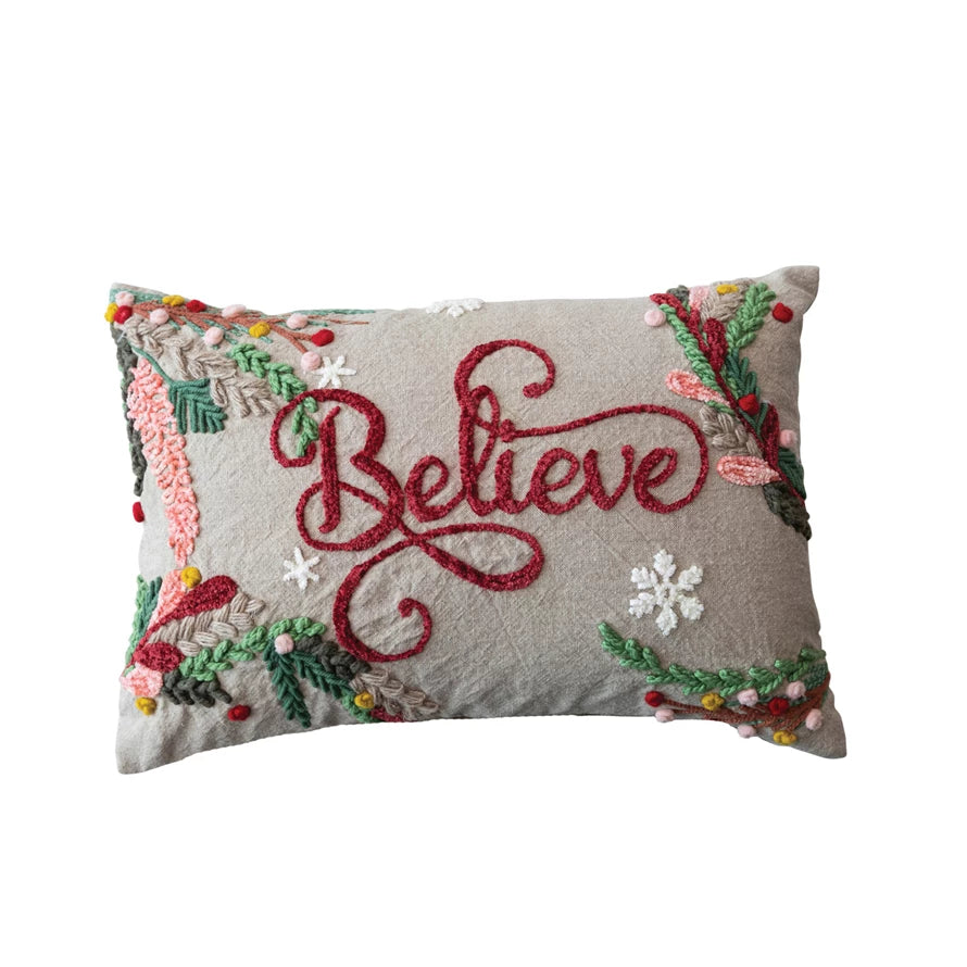 Cotton Chambray Embroidered Lumbar Pillow Believe-Creative Co-op-The Bugs Ear