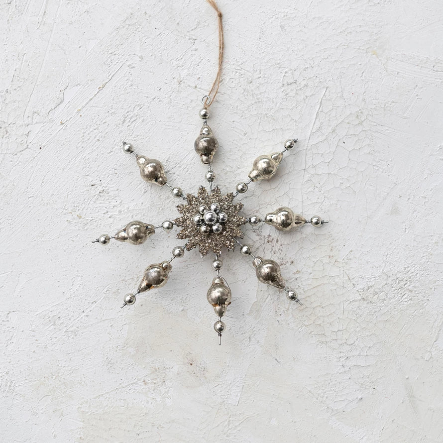 Mercury Glass Snowflake Ornament w/ Tinsel-Creative Co-op-The Bugs Ear