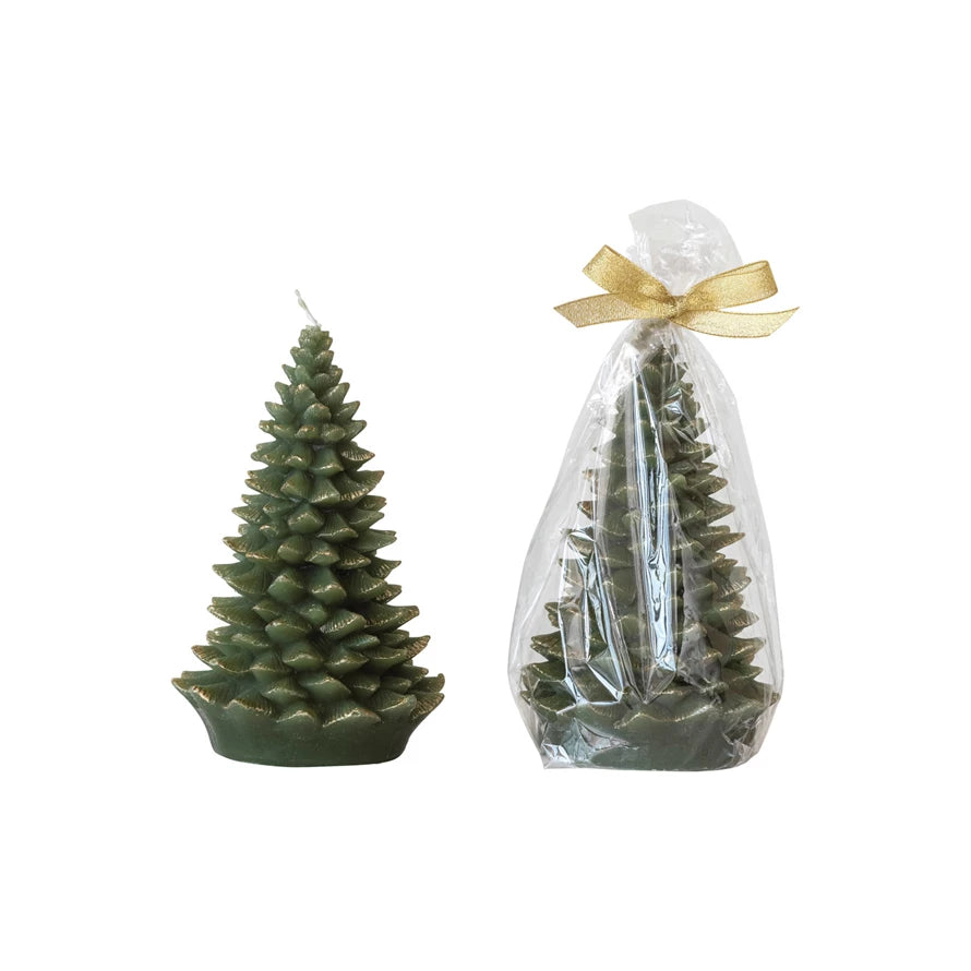 Unscented Tree Shaped Candle w/ Gold Tips, Evergreen Color