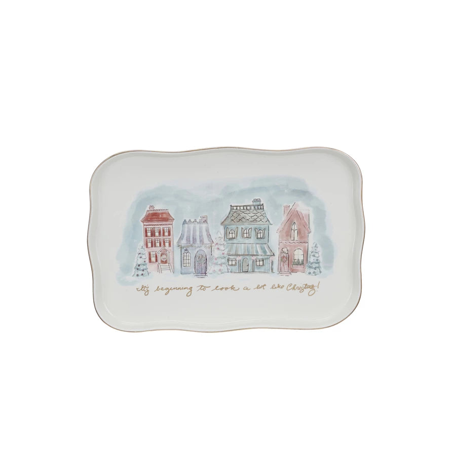 Stoneware Platter w/ Village Christmas Scene & Gold Electroplating-Creative Co-op-The Bugs Ear