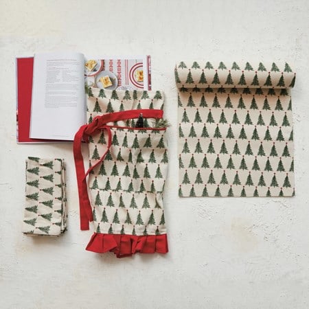 Stonewashed Cotton Printed Table Runner with Christmas Tree Pattern-Creative Co-op-The Bugs Ear