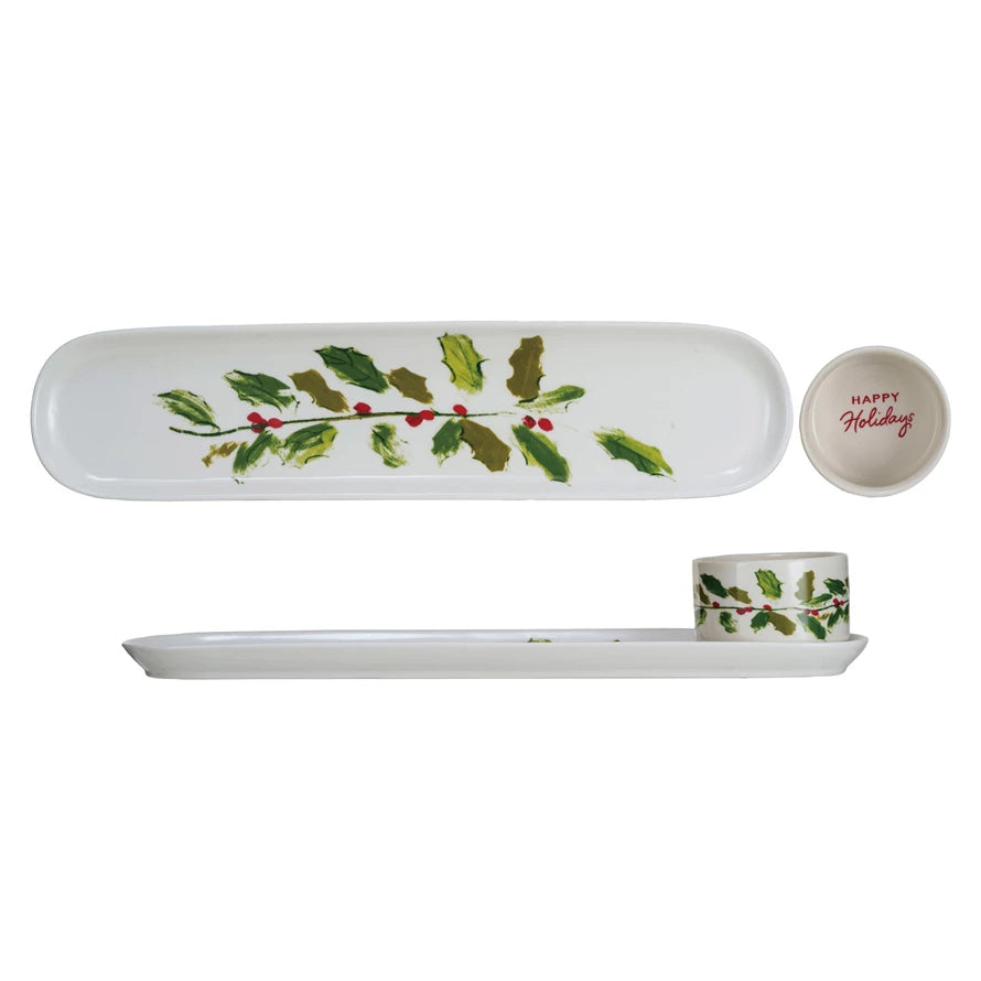 Stoneware Platter & Dish w/ Holly Leaves & Berries "Happy Holidays"-Creative Co-op-The Bugs Ear