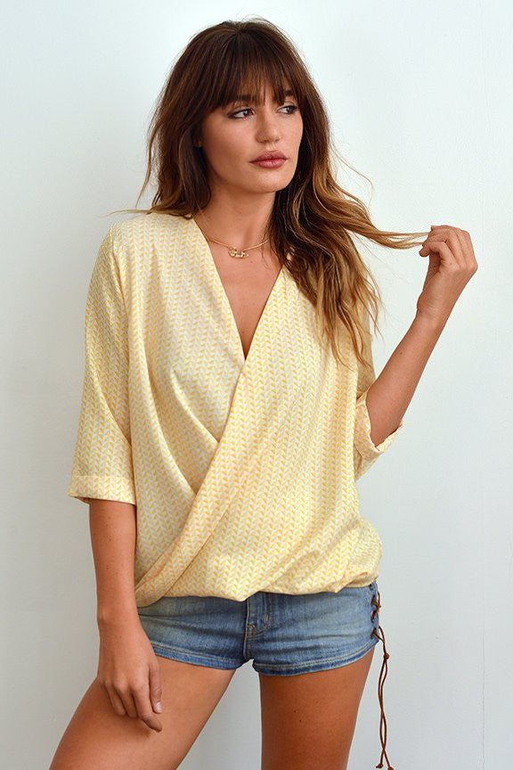 Cameron Cross Front Print Top In Bright Yellow-Lace and Whiskey-The Bugs Ear