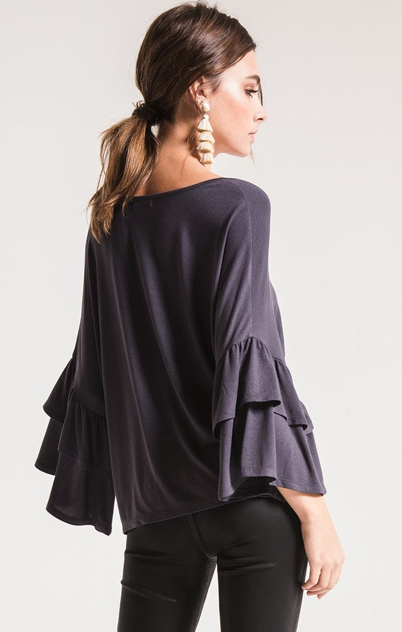 Issa Oversized Ruffle Sleeve Top-Black Swan-The Bugs Ear