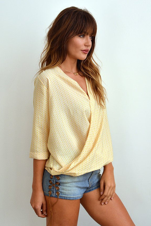 Cameron Cross Front Print Top In Bright Yellow-Lace and Whiskey-The Bugs Ear