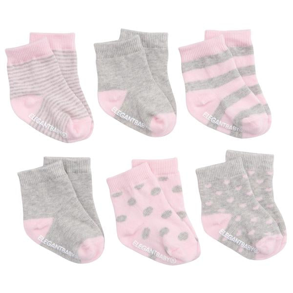 Socks Pink on Gray 6 Pk 0-12 mos-Elegant Baby-The Bugs Ear