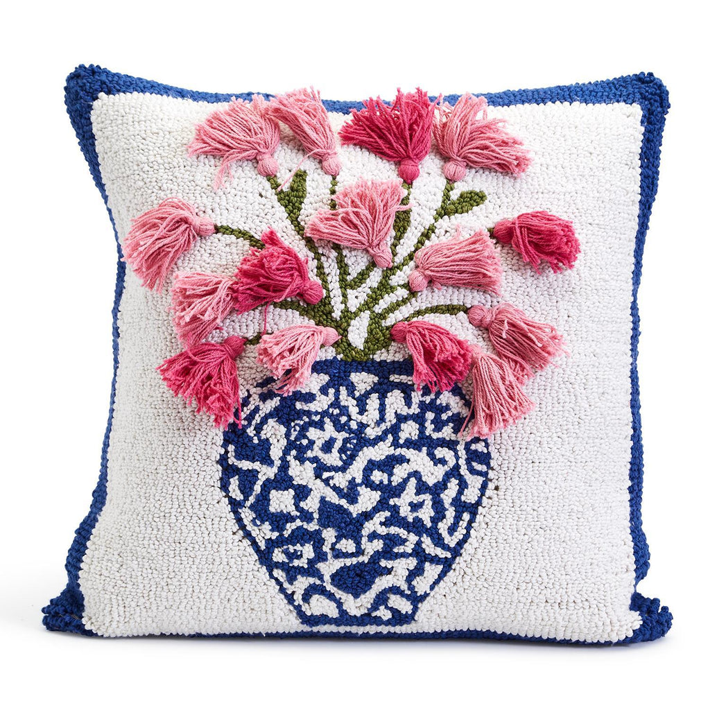 Vase Arrangement Punch Embroidery and Tassel Accents Throw Pillow-Two’s Company-The Bugs Ear