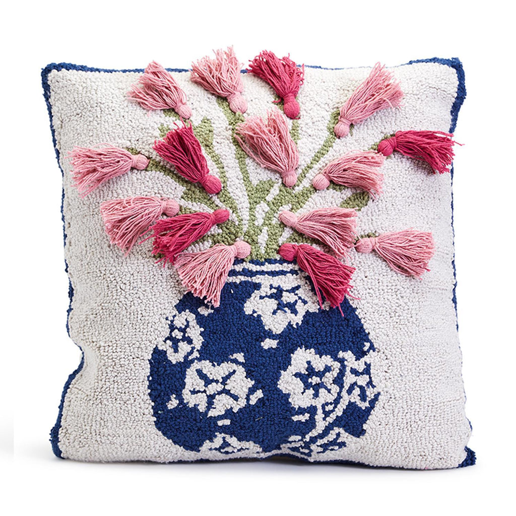 Vase Arrangement Punch Embroidery and Tassel Accents Throw Pillow-Two’s Company-The Bugs Ear