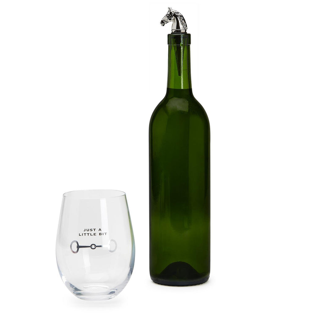 Just a Bit Stemless Wine Glass with Horse Head Bottle Stopper-Two's Company-The Bugs Ear