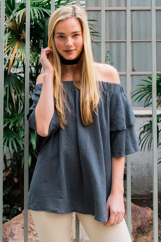 Leslie Off Shoulder Ruffle Sleeve Linen Top in Rich Grey-Love In-The Bugs Ear